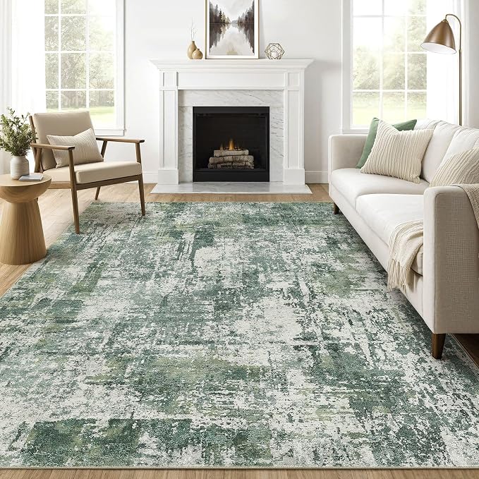 7x10 Area Rug Living Room: Washable Large Abstract Soft Stain Resistant Indoor Floor Rugs Non-Slip Accent Carpet for Bedroom Nursery Playroom Office Dining Room Home House- Dark Green