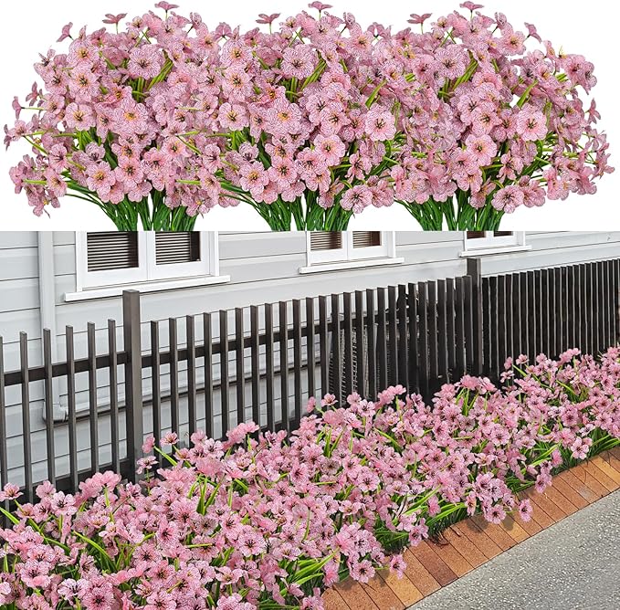 LikSoor 21 Bundles Artificial Outdoor UV Resistant Flowers No Fade Fake Outside Flowers Plastic Greenery Faux Shrubs Garden Porch Window Box Home Decoration(Pink)