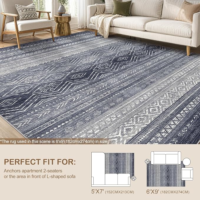 Tortania Area Rug Living Room Rugs- 6x9 Washable Large Soft Neutral Boho Moroccan Bohemian Farmhouse Rug Indoor Floor Carpet for Bedroom Under Dining Table Home Office Decor - Blue Gray