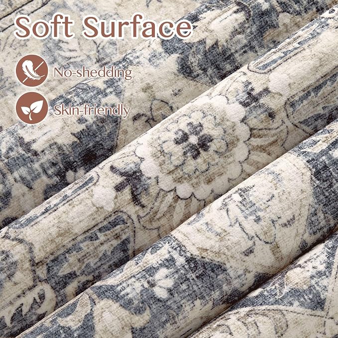 Tortania Area Rug 3x10 Runner Rugs - Washable Vintage Oriental Farmhouse Thin Indoor Carpet for Living Room Bedroom Hallway Entryway Kitchen Under Dining Table Home Office - Cream/Blue