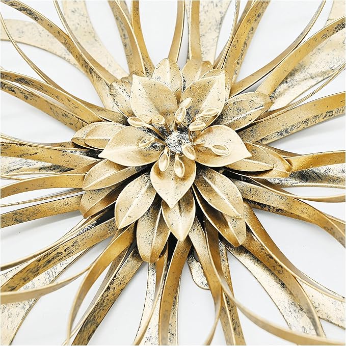 Remenna Metal Flowers Wall Decor, Metal Rustic Wall Art Decoration Farmhouse Wall Decorations Multiple Floral Hanging Decor for Bathroom Living Room Home Office Garden Kitchen (Rustic Gold - A)