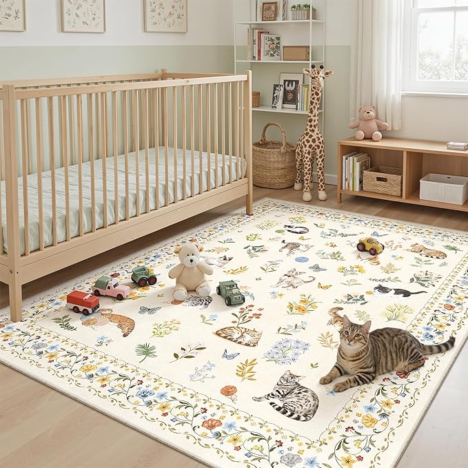 Soalmost Cat 5x7 Area Rugs for Living Room, Machine Washable Animal Floral Vintage Rug Non-Slip Low Pile Soft Throw Rugs for Kitchen Dining Room Bedroom Nursery Playroom (5 x 7,Beige)