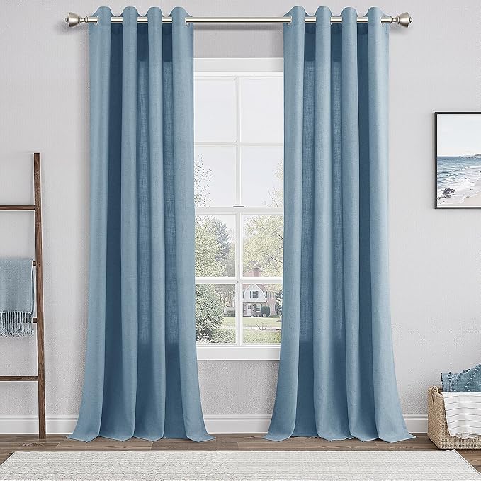Dusty Blue Linen Curtains 96 Inches Long for Living Room Patio Door 2 Panels Set Grommet Textured Light Reducing Semi Sheer Drapes Breathability High Window Curtain for Dining Room Office 52x96