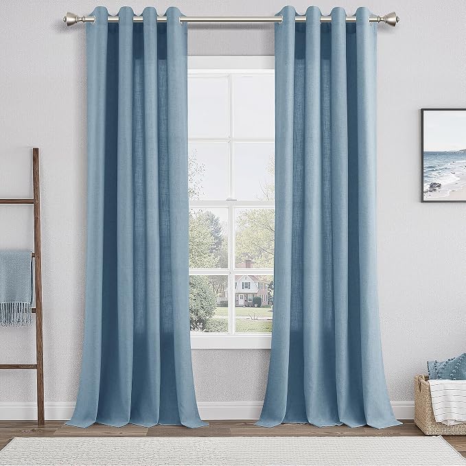 Dusty Blue Linen Curtains 84 Inch Length for Living Room Bedroom 2 Panels Set Grommet Faux Linen Semi Sheer Light Filtering Drapes Dirty Blue Aesthetic Farmhouse Rustic Window Curtain Decor 52X84