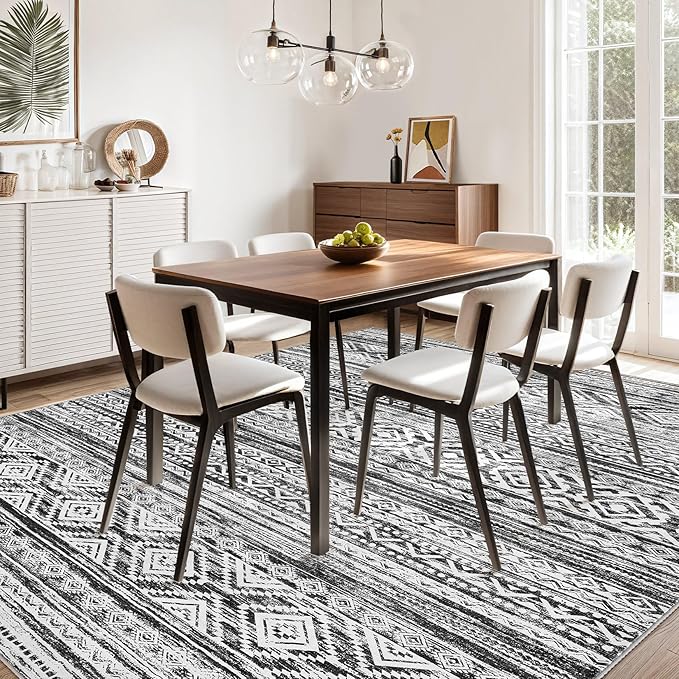 cotiled 10x12 Area Rug Living Room: Washable Boho Rugs with Non Slip Backing Large Soft Indoor Stain Resistant Carpet for Bedroom Farmhouse Dining Room Lightweight Home Decor White/Black