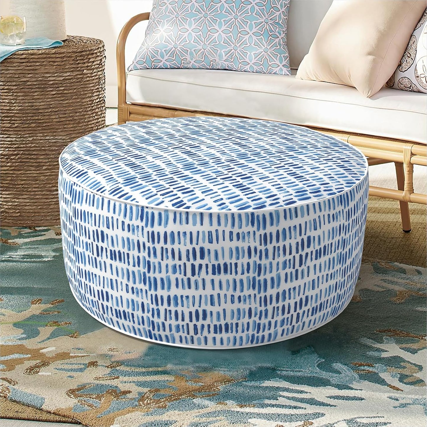 Inflatable Ottoman Stool D21 xH9 for Outdoor/Indoor Use, Water Repellent Patio Foot Rest Stool with Portable Handle,Round Pouf Ottoman Suitable for Garden,Deck and Camping - Pebble Blue