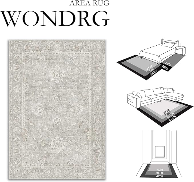 2x6 Grey Washable Runner Rug for Kitchen Hallway Neutral Floral Soft Non Slip Rug Low Pile Distressed Carpet for Bathroom Bedroom Indoor Nursery