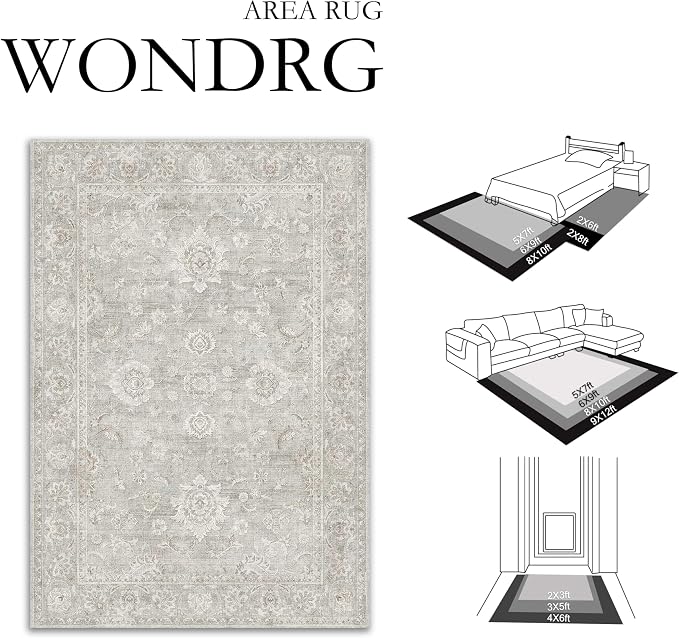 4x6 Grey Washable Area Rug for Living Room Bedroom Neutral Floral Soft Non Slip Rug Low Pile Distressed Carpet for Dining Room Nursery Office Indoor