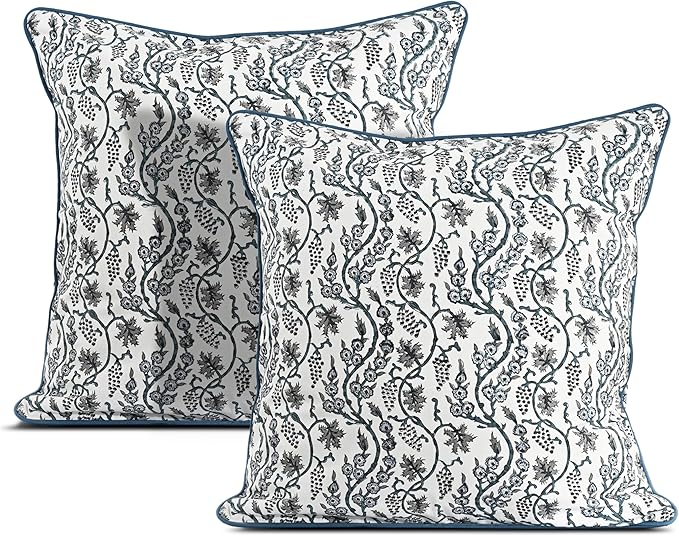 Ridhi Block Print Baby Blue Eyes Pillow Cover 18" x 18" (Pack of 2) Decorative Couch Pillows for Living Room, Chic Boho Cute Outdoor Pillows Covers Gifts for Spring, Easter and Valentine