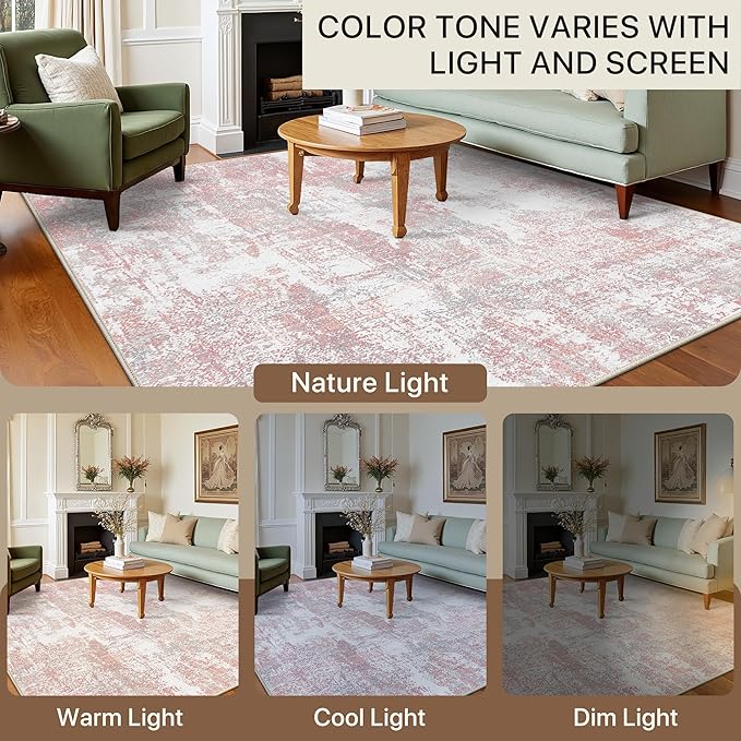BEIMO Area Rugs 3x5 for Living Room Bedroom, Modern Abstract Machine Washable Rug, Soft Low Pile Floor Carpet with Non Slip Backing for Entryway, Pink/Grey