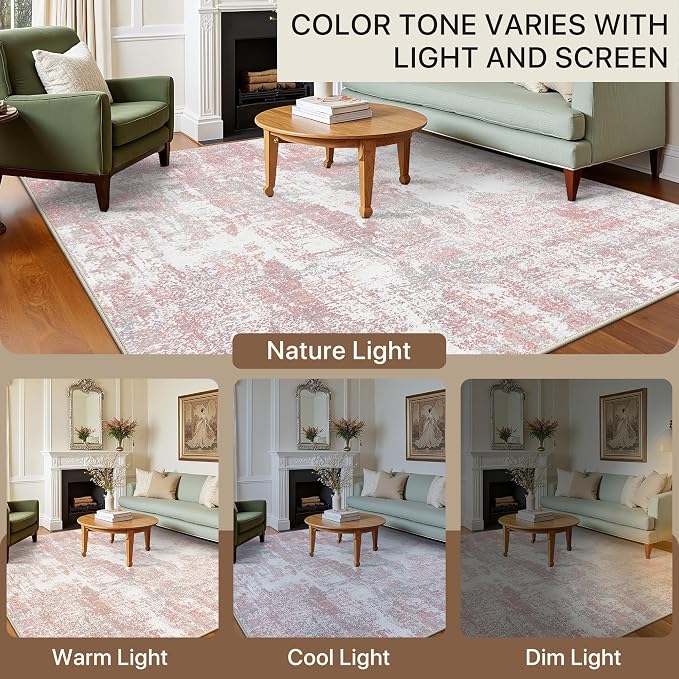 BEIMO Area Rugs 9x12 for Living Room Bedroom, Modern Abstract Machine Washable Rug, Large Soft Low Pile Floor Carpet with Non Slip Backing for Dining Room, Pink/Grey