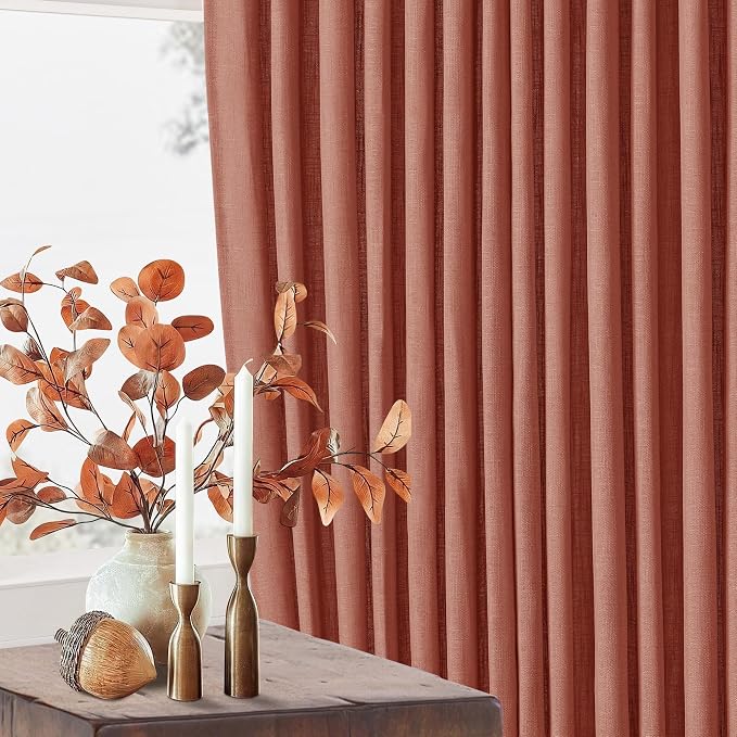 Terracotta 90 Inch Linen Curtains Pinch Pleated for Living Room Bedroom Dining Boho Light Filtering Pinch Pleat Drapes Hooks Rings Back Tab Semi Sheer Red Clay Autumn Fall Window Curtains 2 Panels