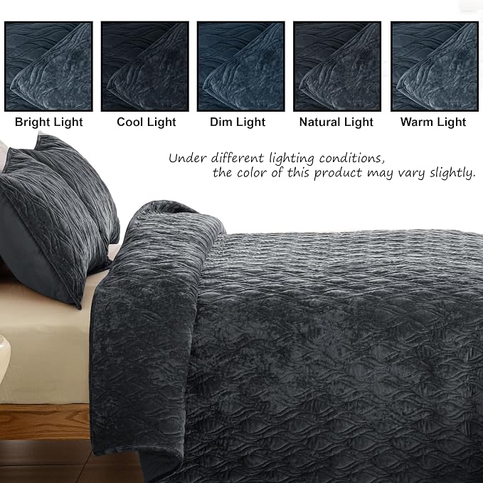 Velvet Quilt Set Oversized King Size 120x120 Bedspread with 2 Pillow Shams Ultra Soft Polyester Bedding All Season Decor for Bedroom Guest Room Hotel Retro Pastoral Home Decor, Blue Gray