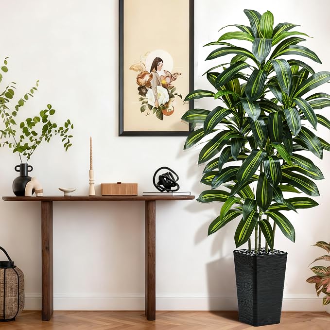 Artificial Dracaena Tree：6FT Faux Silk Tropical Yucca Floor Trees Realistic Fake Green Plant with Natural Wood Trunk & Lifelike Leaves for Home Office Decor Indoor & Outdoor (6FT,1-Pack,Black)