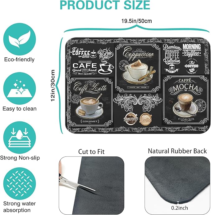 Fun Coffee Bar Mat, 19inx12in, Absorbent, Anti-Slip, Fits Under Coffee Machine