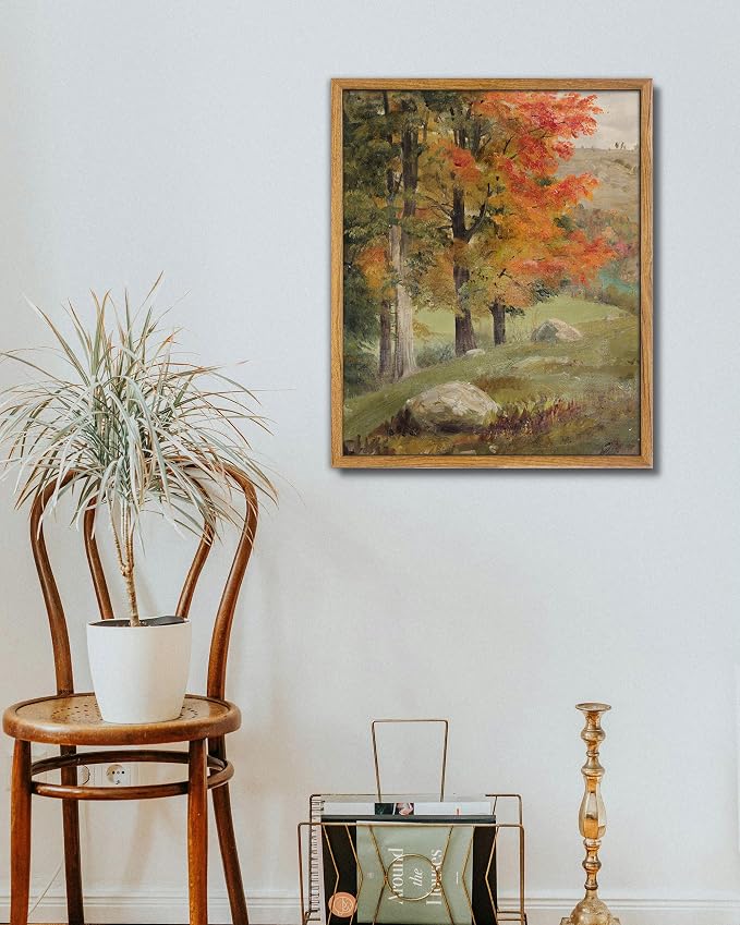 UPWOIGH Autumn Landscape Framed Wall Art, 16 x 24 Inch | Vintage Autumn Tree Landscape Print, Warm Fall Tones, Oil Painting Style, Warm Wood Frame for Bedroom and Office
