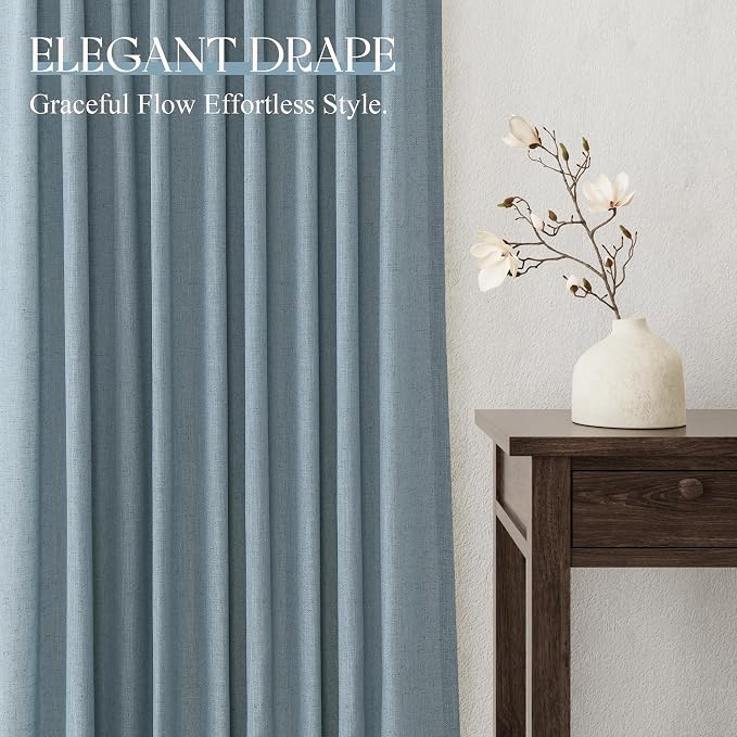 Jowels Blue Linen Curtains 63 Inch Long 2 Panels for Living Room | Light Filtering Semi Sheer Curtain, Back Tab Pocket Pleated Look, Boho Farmhouse Textured Privacy Drapes for Bedroom Window