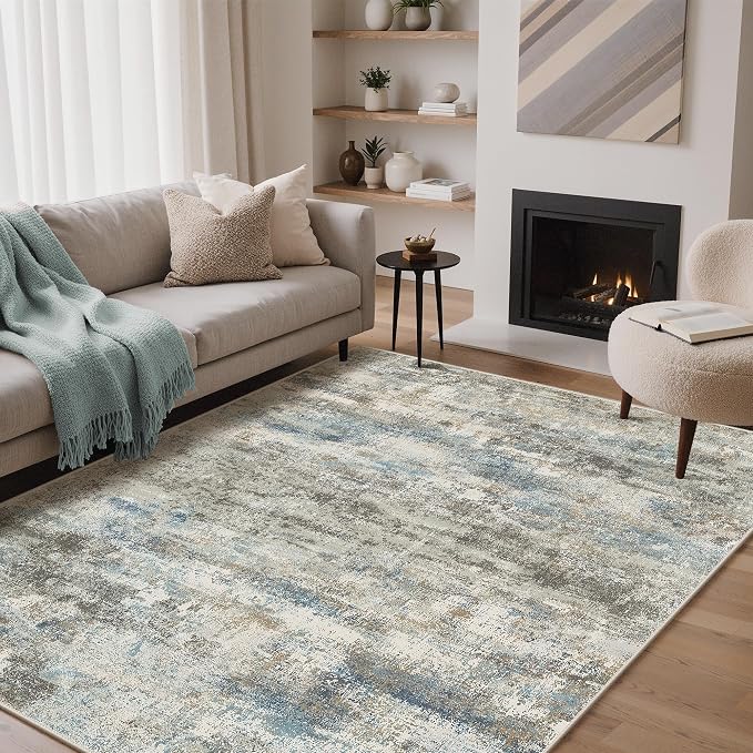 BEIMO Area Rugs 6x9 for Living Room Bedroom, Modern Abstract Machine Washable Rug, Large Soft Low Pile Floor Carpet with Non Slip Backing for Dining Room, Blue/Taupe