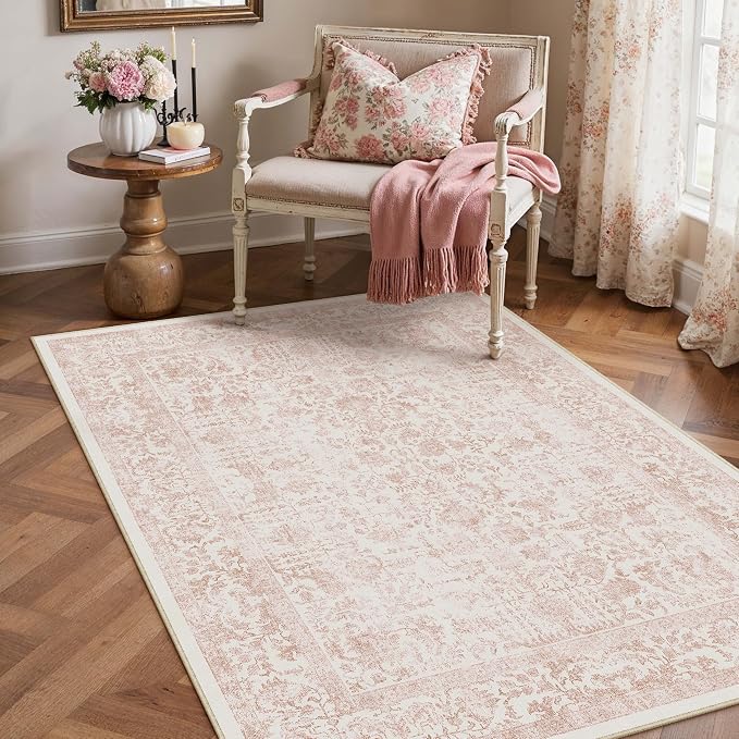 PureCozy Pink Area Rug 3x5 Office Entryway Rug Machine Washable Kitchen Vintage Distressed Non Slip Carpet Indoor Retro Floral Accent Throw Door Mat for Bathroom Bedroom Dining Living Room