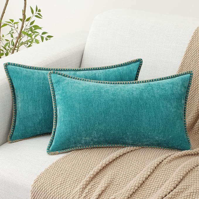 decorUhome Summer Chenille Soft Cozy Throw Pillow Covers 12x20 Set of 2, Modern Farmhouse Boho Velvet Decorative Pillow Cases with Stitched Edge for Couch Sofa Bed Home Decor, Turquoise