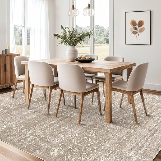 Area Rug for Living Room - 9x12 Soft Washable Oriental Vintage Floral Distressed Large Carpet - Fade Stain Resistant Non Slip Rugs for Bedroom Dining Room Nursery Dorm Office Home Decor - Camel