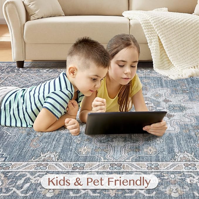 Tortania Area Rug Living Room Rugs - 5x7 Washable Boho Rug Vintage Oriental Distressed Farmhouse Large Thin Indoor Carpet for Living Room Bedroom Under Dining Table Home Office - Blue