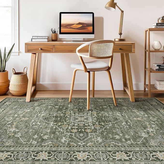 6x9 Area Rug Living Room: Washable Boho Large Neutral Vintage Soft Rug Stain Resistant Farmhouse Non-Slip Indoor Floor Carpet for Bedroom Nursery Kids Playroom Office Dining Room Home- Dark Green