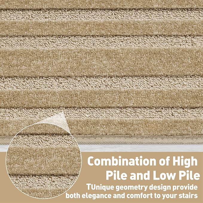 PURE ERA Bullnose Carpet Stair Treads Set Tape Free Non-Slip Indoor Stair Protectors Pet Friendly Rugs 9.5" x 30"(2 Pieces,Khaki Rectangular)