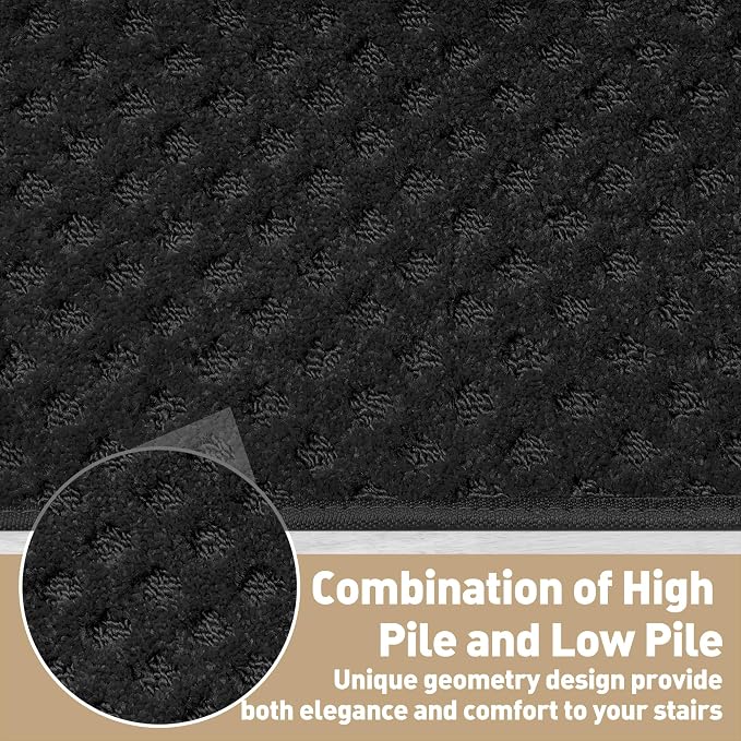 PURE ERA Bullnose Carpet Stair Treads Tape Free Non-Slip Indoor Stair Protectors Pet Friendly Stair Treads for Wooden Steps 9.5" x 30"(14 Pieces,Black Mini-Diamond Trellis)