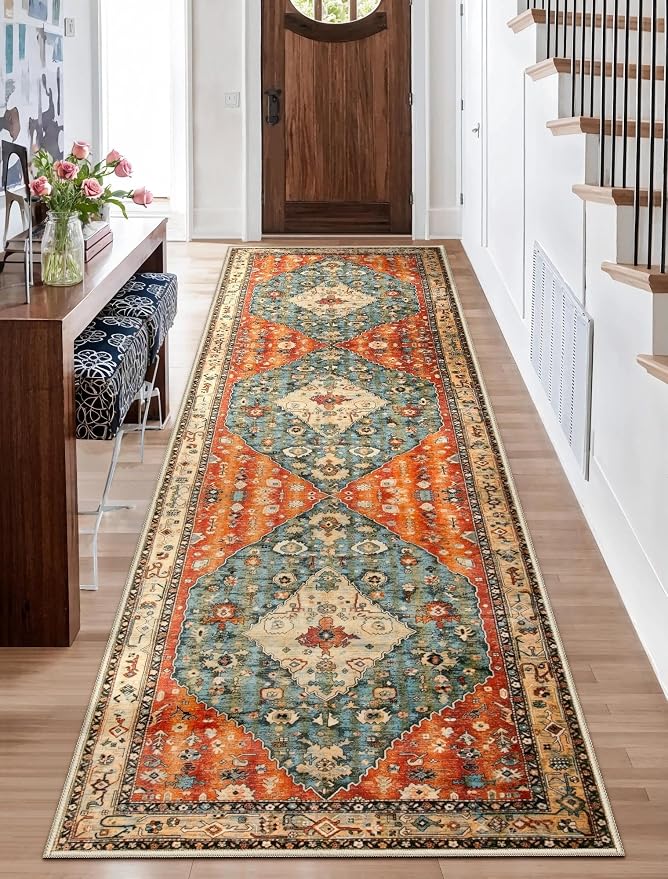 SERISSA Boho Washable Runner Rug, 2'6"x10' Long Non-Slip Tribal Hallway Kitchen Stair Runner Rug Ultra Soft Print Distressed Vintage Floor Carpet for Bedroom Bathroom Laundry Room