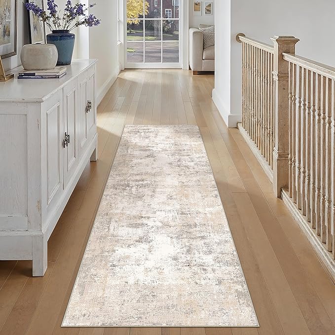 3x7 Washable Runner Rug Beige Grey Abstract Non Slip Soft Low Pile Hallway Kitchen Rug Neutral Modern Carpet for Laundry Bathroom Bedroom Living Room Home Decor