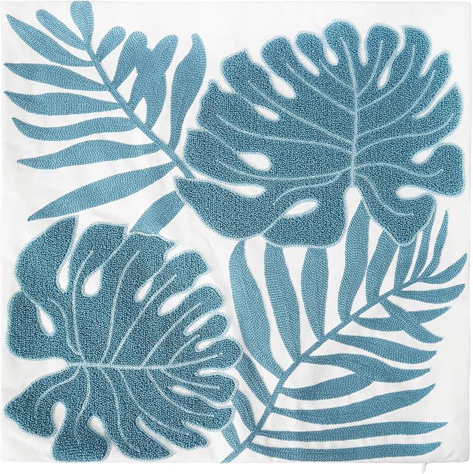 Embroidery Throw Pillow Cover 18x18 Light Blue Tropical Leaf Home Décor Turquoise Cushion Cover for Couch 45x45 100% Cotton Floor Pillowcase Teal Plant Monstera Leaf Loop, 1 Piece
