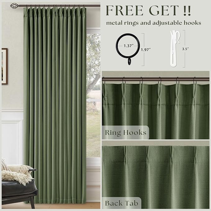 Olive Green Blackout Pinch Pleat Curtains 84 Inches Long 2 Panels for Living Room Bedroom 100% Black Out Linen Dual Layer Pleated with Hooks Rings Back Tab Room Darkening Loden Drapes 84 Inch Length