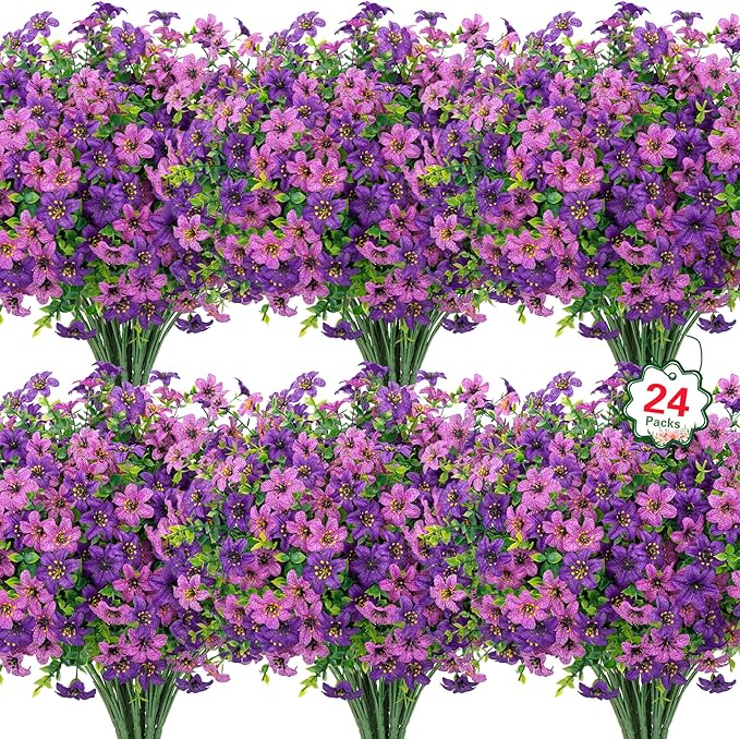 Ouddy Decor 24 Bundles Artificial Flowers for Outdoors Fake Silk Flowers Faux Plastic Plant UV Resistant for Spring Summer Porch Garden Yard Plants Wedding Indoor Outdoor Home Decoration, Purple Mixed