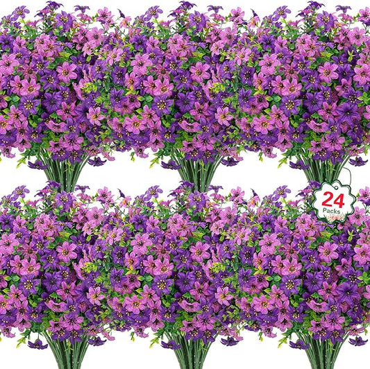 Ouddy Decor 24 Bundles Artificial Flowers for Outdoors Fake Silk Flowers Faux Plastic Plant UV Resistant for Spring Summer Porch Garden Yard Plants Wedding Indoor Outdoor Home Decoration, Purple Mixed