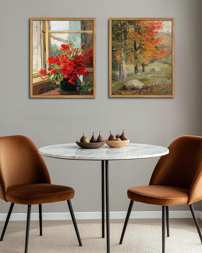 UPWOIGH Autumn Landscape Framed Wall Art, 16 x 24 Inch | Vintage Autumn Tree Landscape Print, Warm Fall Tones, Oil Painting Style, Warm Wood Frame for Bedroom and Office