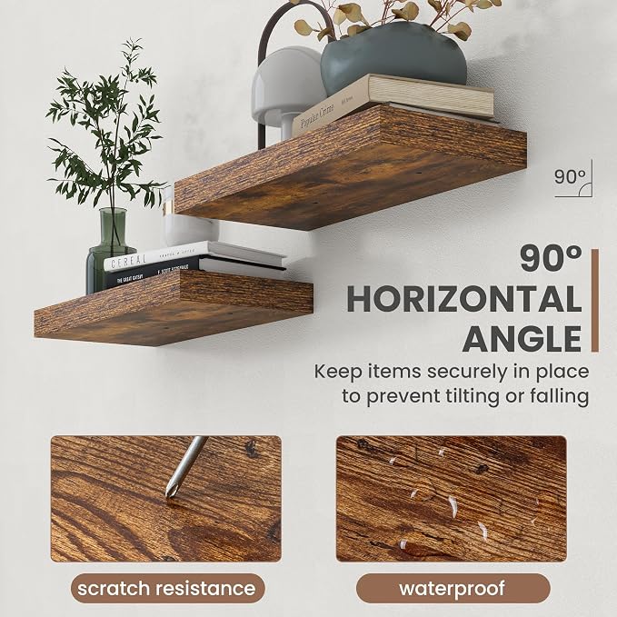Acovy 40 Inch Floating Shelves, 8 Inch Deep Floating Shelves for Wall, Hanging Shelf with Invisible Brackets, Deep Shelves for Bathroom, Bedroom, Living Room, Brown, Set of 2