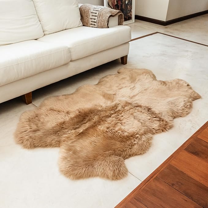 Quad Sheepskin Area Rug 4x6 Ft – 100% Genuine Lambskin – Soft & Fluffy Light Beige Rug for Living Room or Bedroom – Made in Argentina