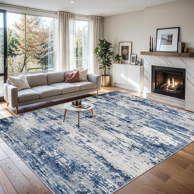 Area Rugs 10x12 Living Room - Washable Rug Modern Abstract Soft Large Neutral Non-Slip Carpet Indoor Floor Thin Carpets for Bedroom Dining Room Farmhouse Nursery Home Office Blue Gray