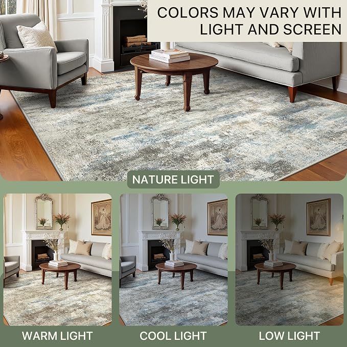 BEIMO Area Rugs 6x9 for Living Room Bedroom, Modern Abstract Machine Washable Rug, Large Soft Low Pile Floor Carpet with Non Slip Backing for Dining Room, Blue/Taupe