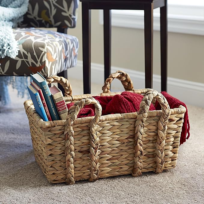 Household Essentials Large Rectangular Floor Storage Basket with Braided Handles, Light Brown