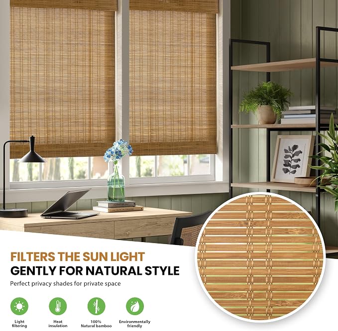LazBlinds No Drill Bamboo Roman Shades, 23x64, Ceylon Light Russet | Light Filtering Window Treatment, No Tools Cordless Roll Up Bamboo Blinds for Window