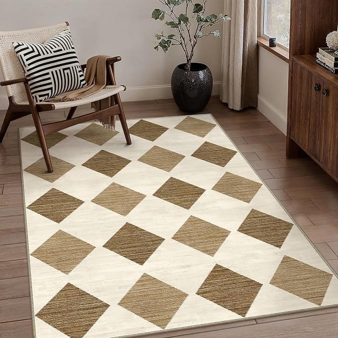PureCozy 3x5 Checkered Area Rugs for Living Room Brown Machine Washable Large Rug Non-Slip Stain Resistant Low Pile Boho Accent Indoor Throw Carpet for Office Bedroom Dining Room Classroom