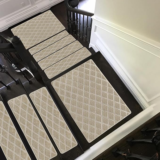 PURE ERA Carpet Stair Treads Tape Free Non Slip Indoor Stair Carpet Stair Protectors Pet-Friendly Non-Slip Skid Resistant Washable Reusable 8" x 30"(2 Pieces,Cream Gray Diamond Trellis)