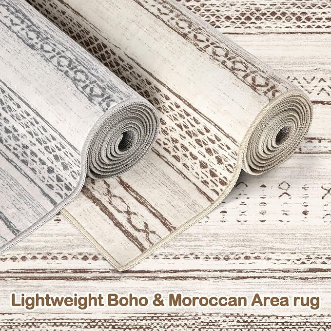 Tortania Area Rug Living Room Rugs - 6x9 Washable Large Soft Neutral Boho Moroccan Bohemian Farmhouse Rug Indoor Floor Carpet for Bedroom Under Dining Table Home Office Decor - Brown Beige