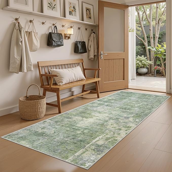 Soalmost Runner Rug 2x5 Washable Non-Slip Kitchen Runner Rugs for Bathroom Laundry Room Green/Ivory Vintage Floor Carpet Runners for Hallway Entryway