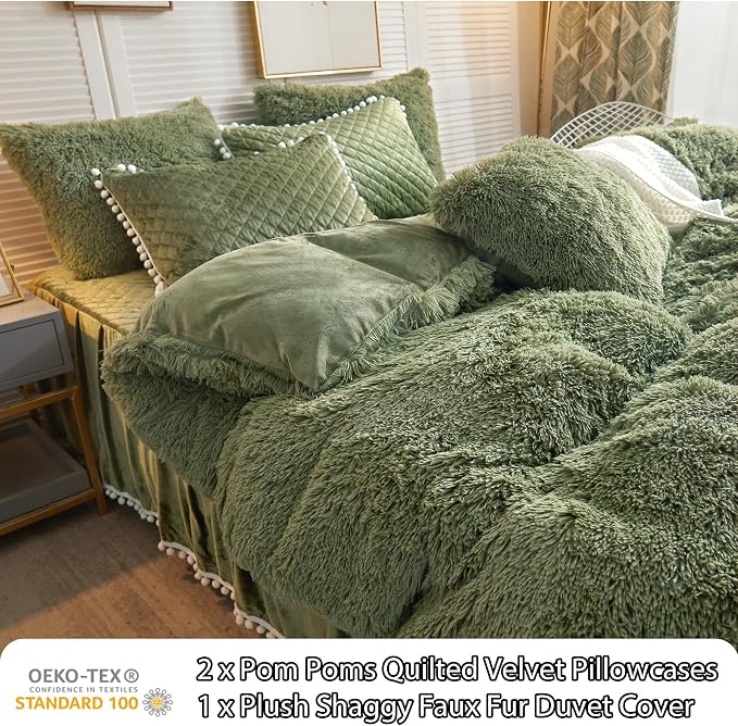 LIFEREVO Luxury Plush Shaggy Duvet Cover Set, Soft Fluffy Furry Duvet Cover Set(1 Faux Fur Fuzzy Comforter Cover+2 Pom Poms Velvet Pillowcases)Solid Bedding Set, Zipper Closure(Full/Queen, Sage Green)