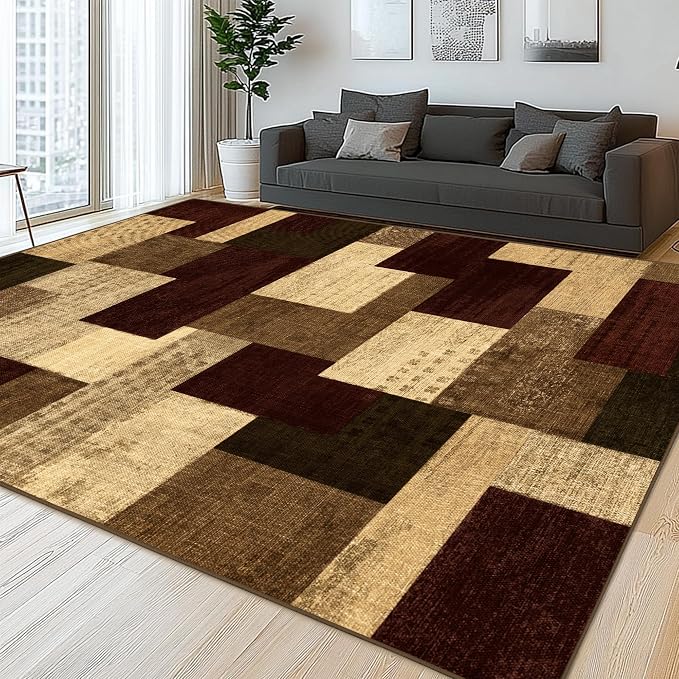 Modern Geometric Patchwork Indoor Area Rug for Living Room, Red 6x9 Large Rug Rockwood Collection Hardwood Floors Decor for Bedroom, Burgundy Throw Carpet for Office Entryway Dining Room