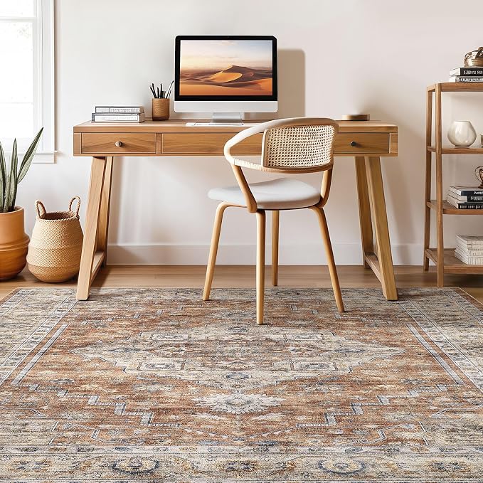 7x9 Area Rug Living Room: Washable Boho Large Neutral Vintage Soft Rug Stain Resistant Farmhouse Non-Slip Indoor Floor Carpet for Bedroom Nursery Kids Playroom Office Dining Room- Terracotta
