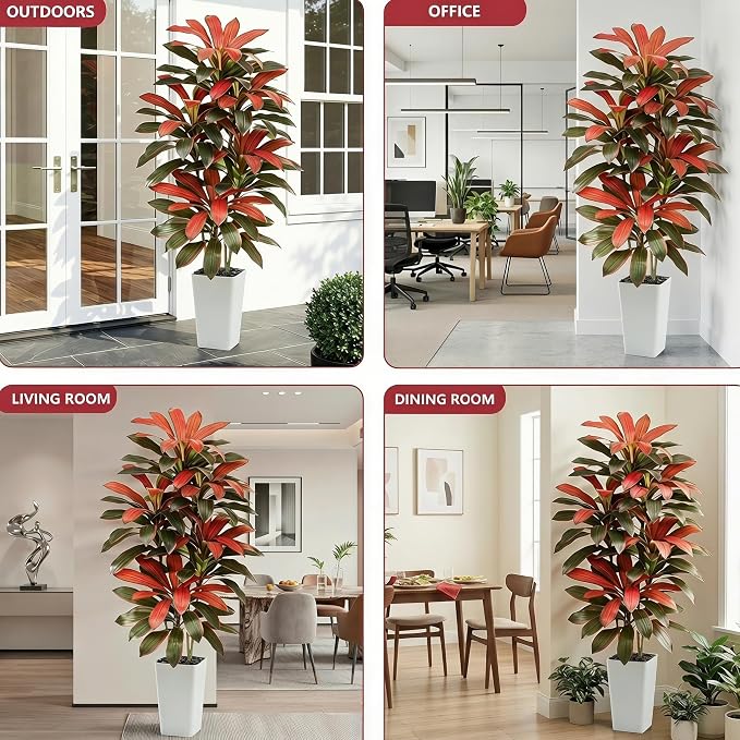 Artificial Red Dracaena Tree - 6FT Tall Fake Plants with White Tall Planter - Artificial Plants Indoor Floor Plant in Pot - Large Tropical Fake Yucca Potted Tree for Home Office Living Room Decor